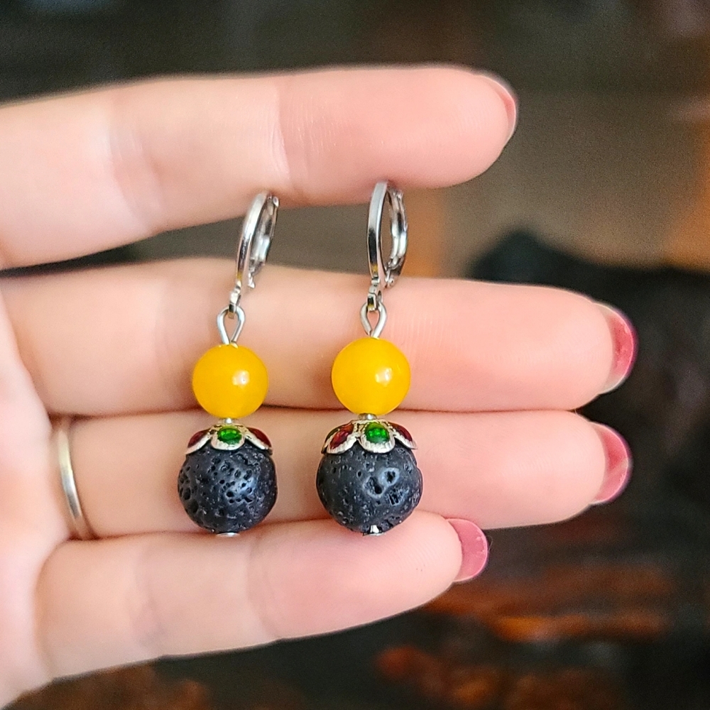 Cute Lava Stone and Yellow Jade Earrings 💛